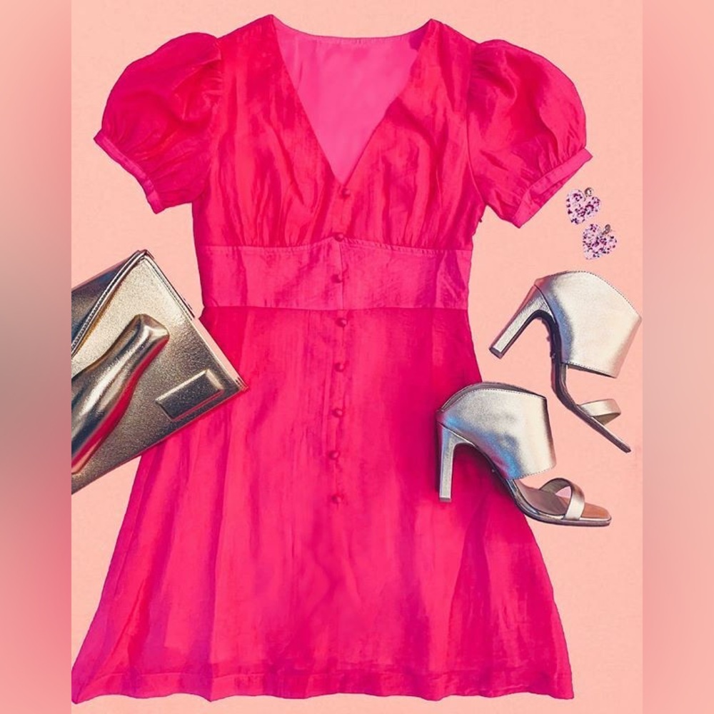 Pink Puff Sleeve Mini Dress Scoop Neck